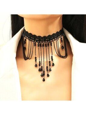 Lace Choker Necklace Beads Dangle Collar Punk Goth Costume Vamp Sexy Emo Stylish